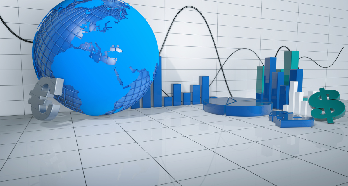 large blue globe against market trends