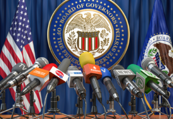 Federal Reserve Sign with microphones
