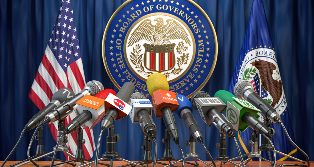 Federal Reserve Sign with microphones
